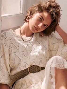 Sezane Pull Sailor Crème Openwork Crew 1/2 Sleeve Sweater Small